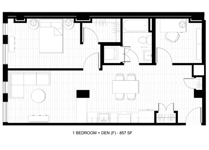 Floor plan for 1 bed, 1 bath, 857 sqft